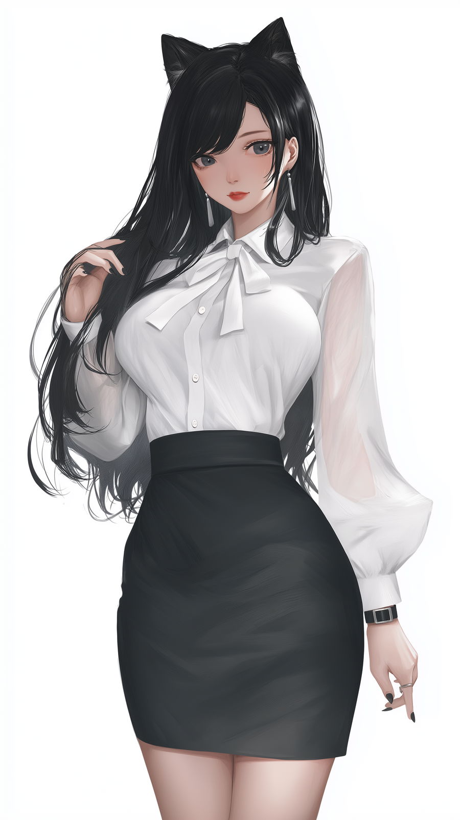 Anime woman with black hair in pencil skirt and blouse