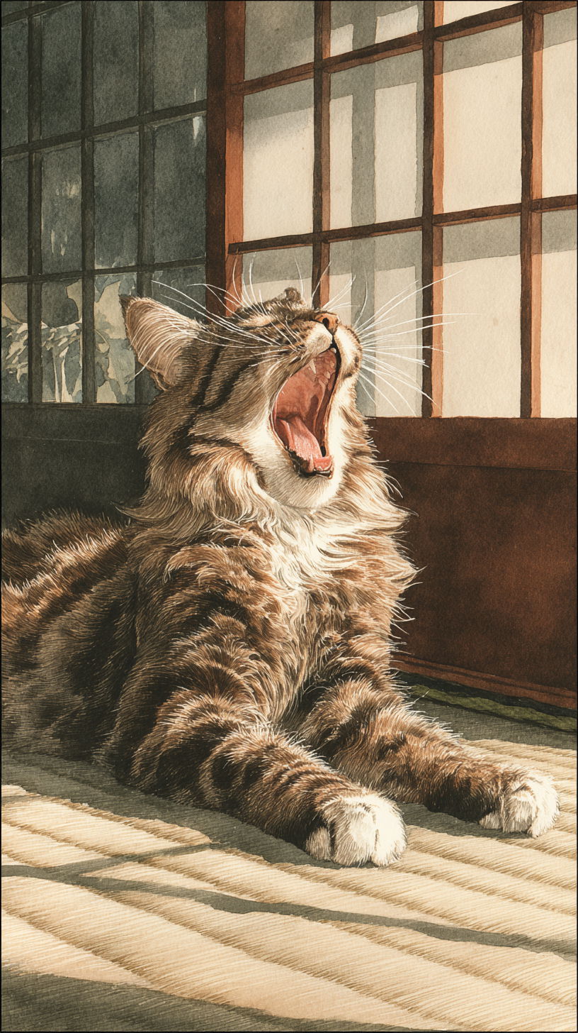 Fluffy tabby cat stretching on sunny tatami mat