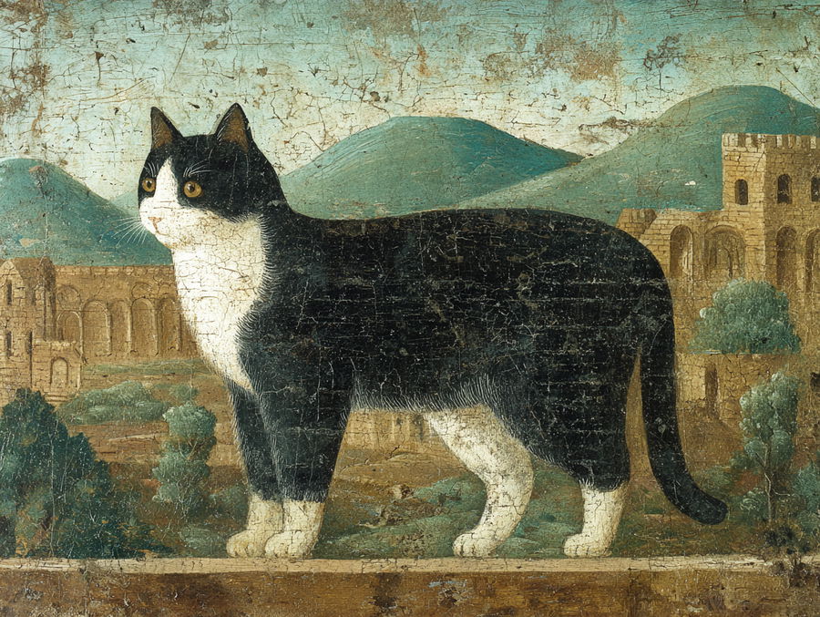 Antique oil painting of an old black and white cat by hills