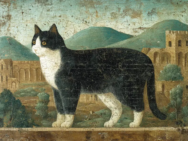 Antique Oil Painting of a Unique Black and White Cat Decor Inspiration