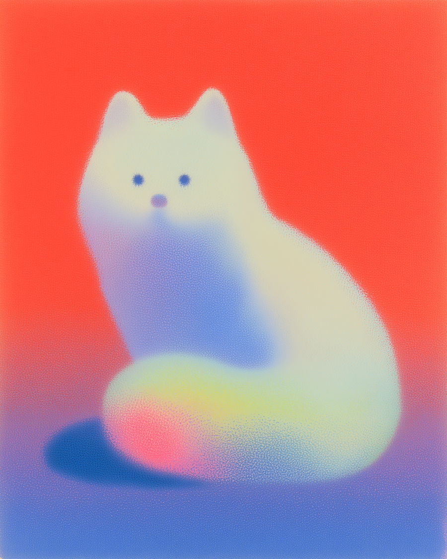 Cute white arctic fox mascot with fluffy tail and round shapes