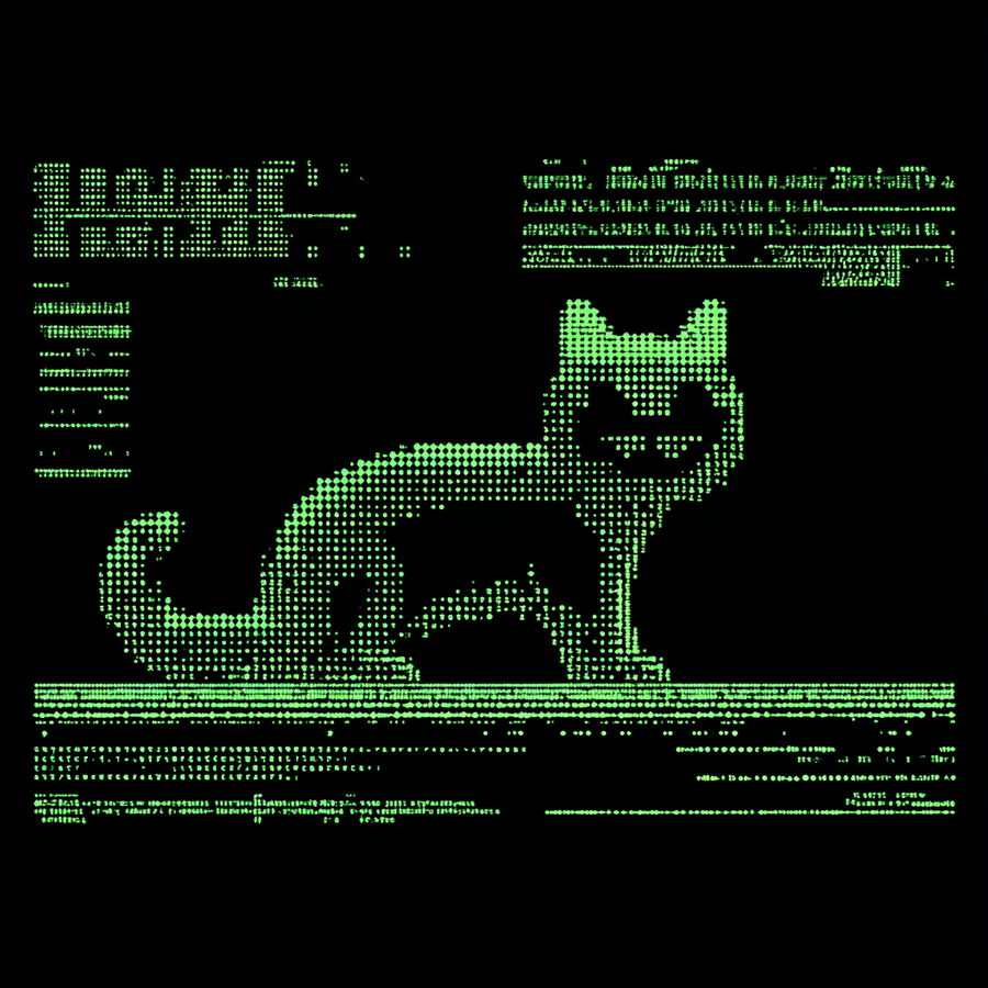 ASCII art cat on retro computer terminal display