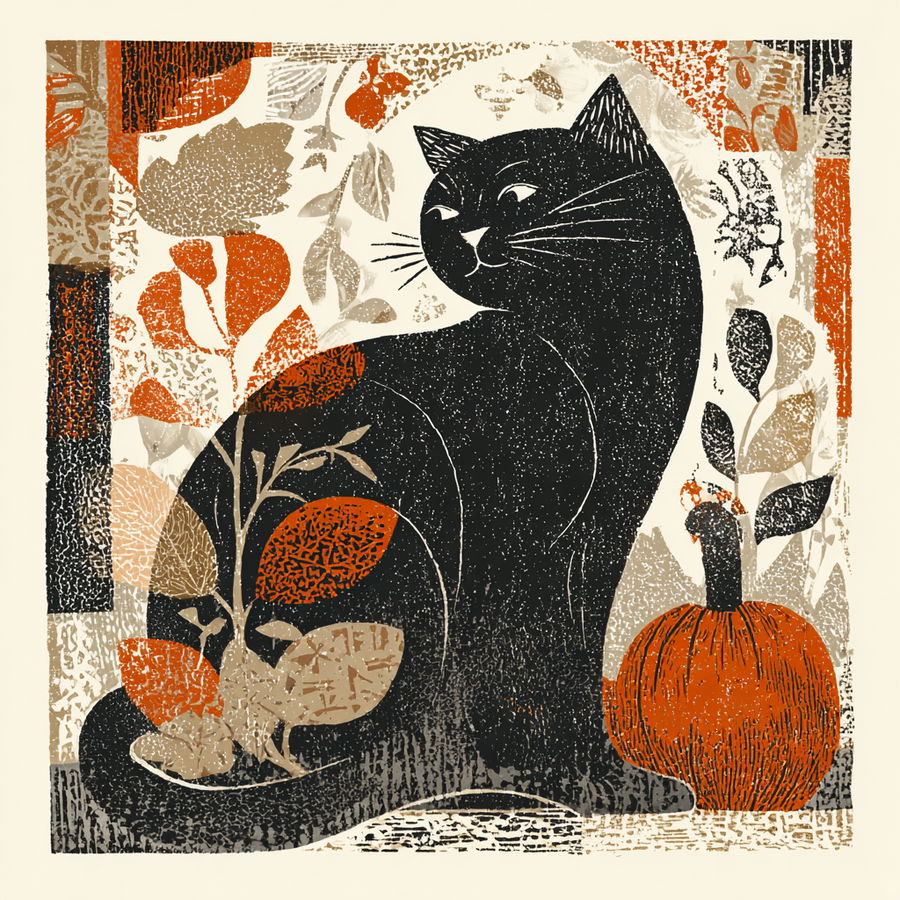 Black cat among autumn leaves and pumpkin illustration