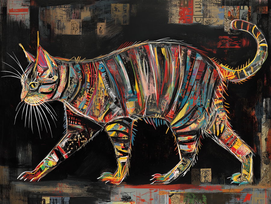 Cute tabby cat with vibrant Basquiat-style abstract background