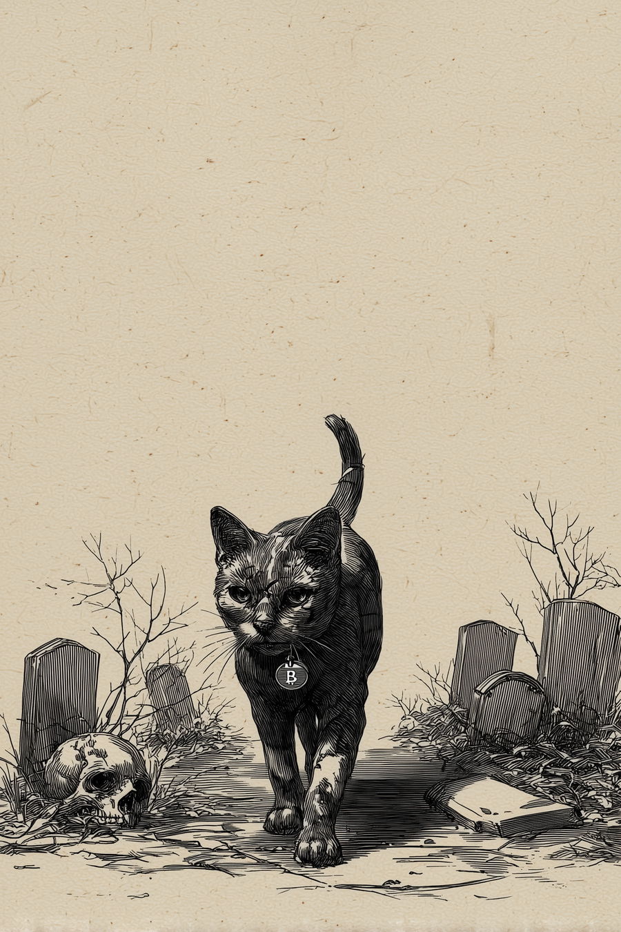 Battered street cat with scars and ₿ tag near empty graves