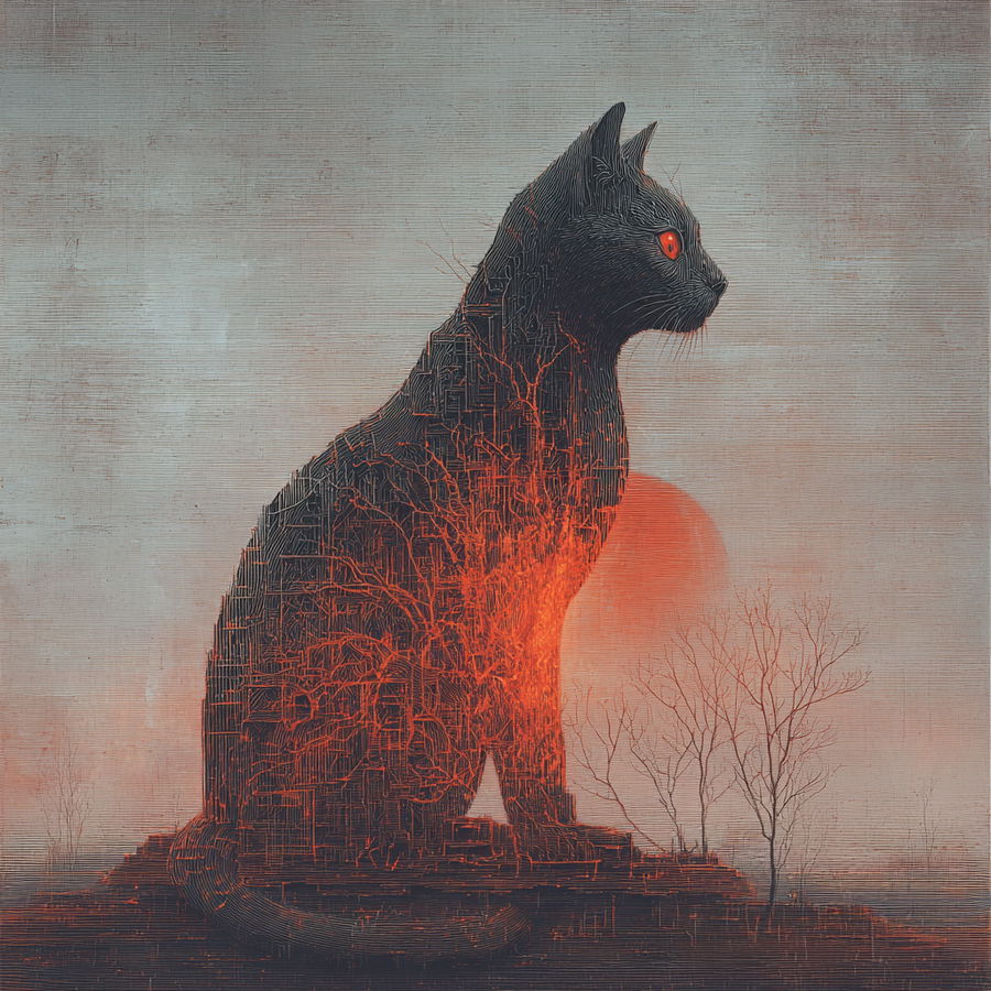 Surreal cat in a dark, dreamlike Beksiński landscape