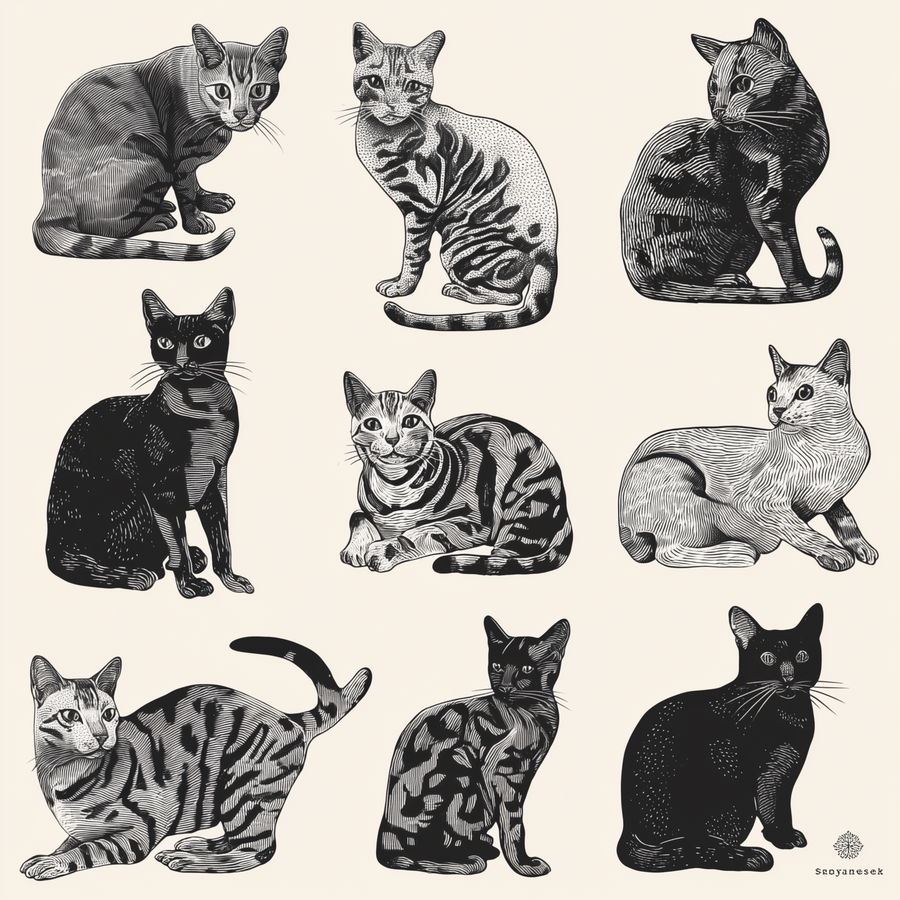 Ten woodblock print illustrations of Bengal cats on white background