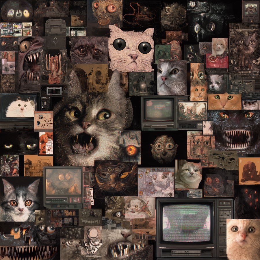 Bizarre horror collage featuring cute cats and grotesque anomalies