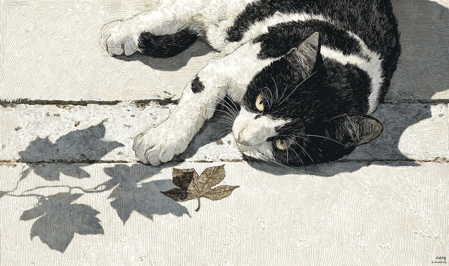 Cute black and white cat with leaf shadows in sunlight