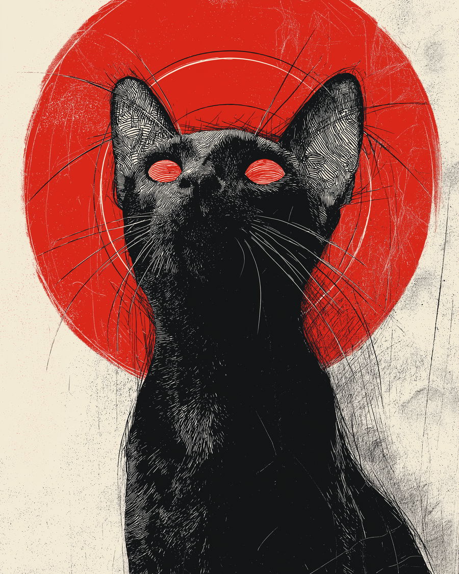 Black cat with red eyes in temple of Set ritual