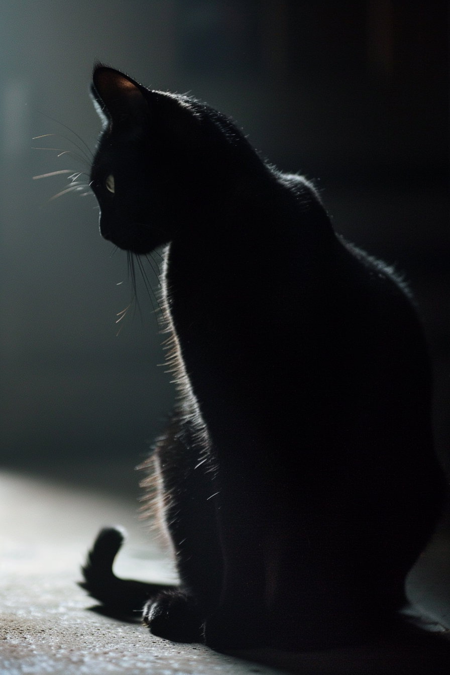Black cat silhouette in soft light against dark background