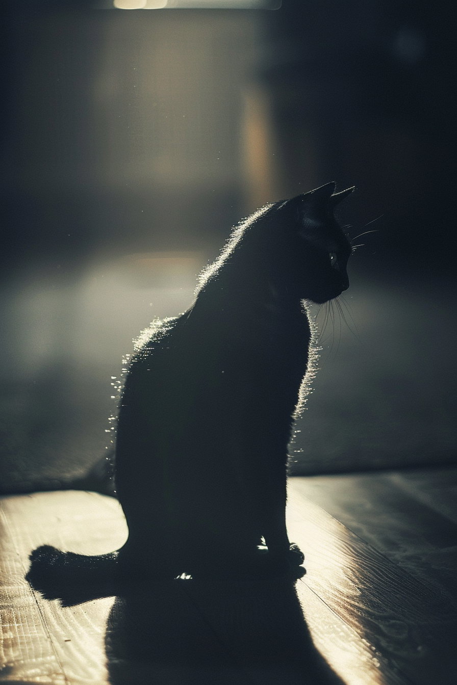 Black cat silhouette in soft light against dark background
