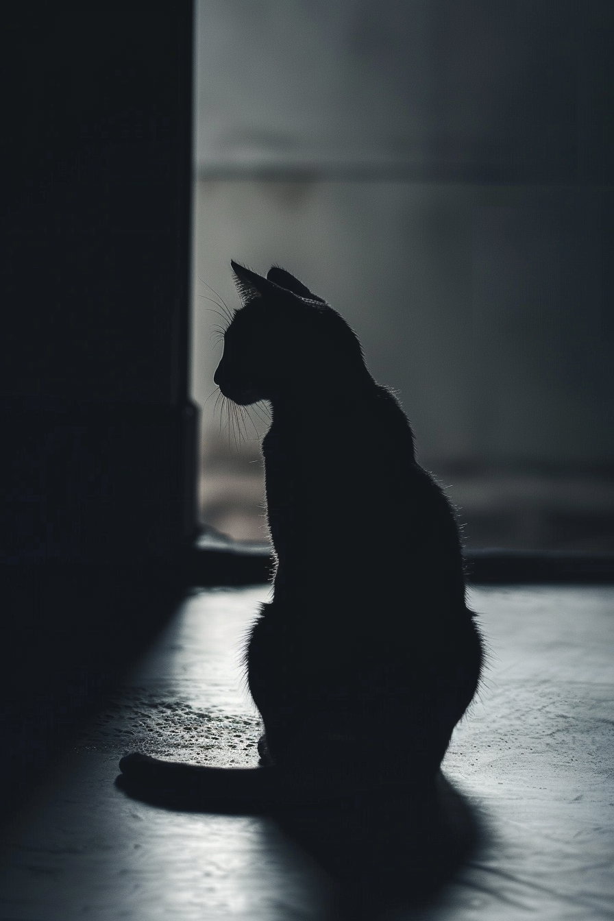 Black cat silhouette in darkness with soft cinematic lighting