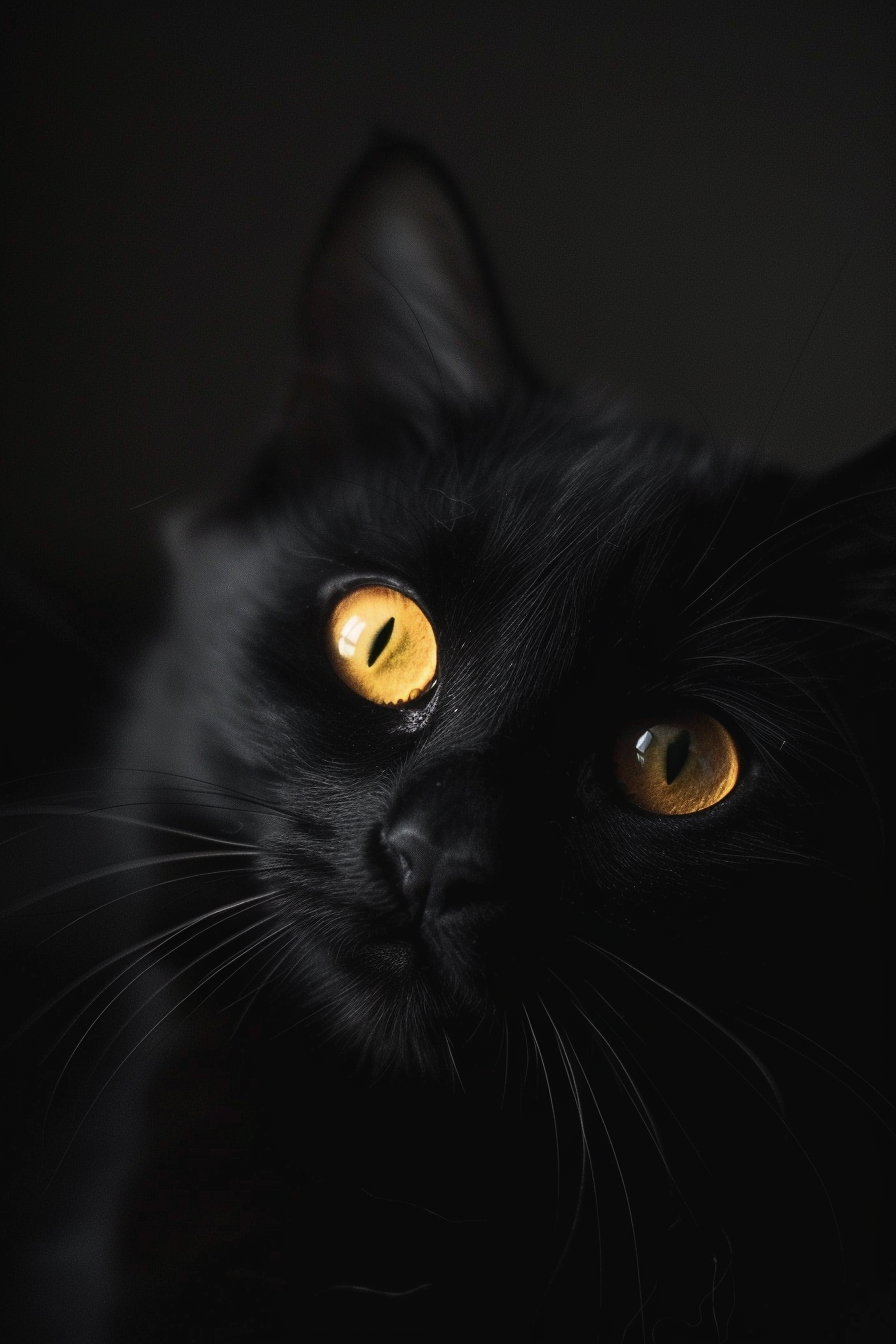 Minimalist black cat with glowing eyes in dark setting