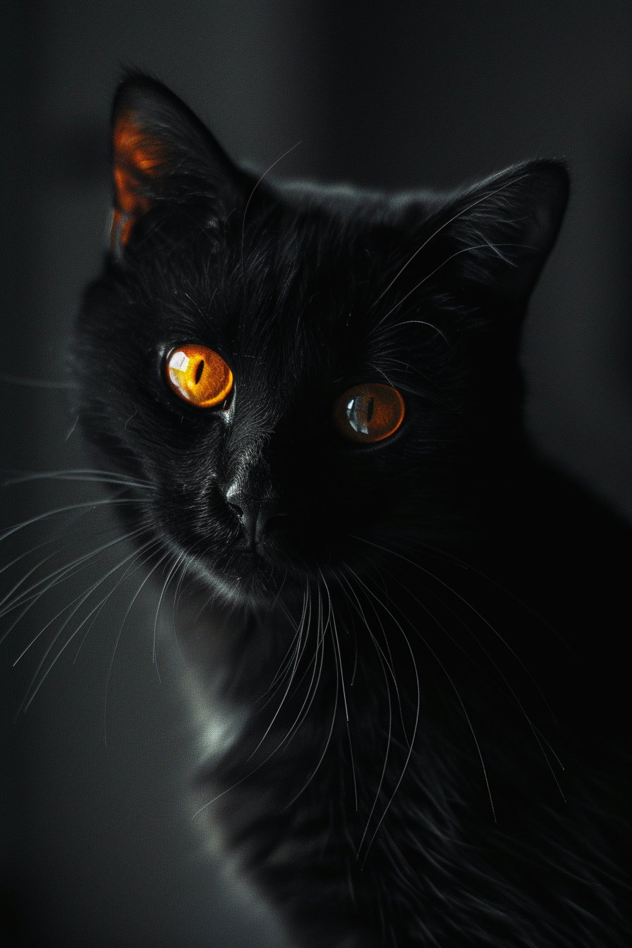 Minimalist black cat with glowing eyes in dark setting