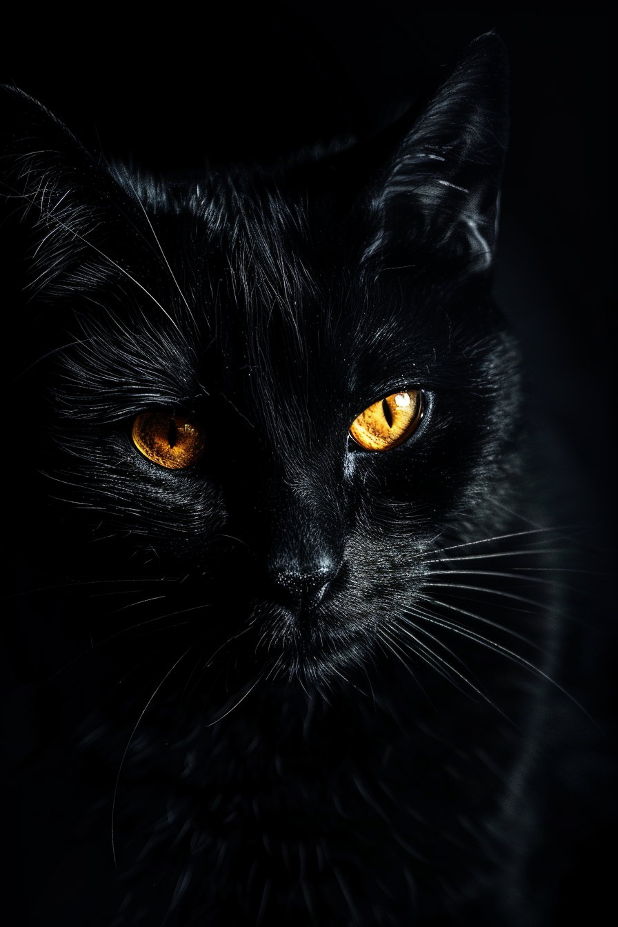 Minimalist black cat with glowing eyes in dark setting