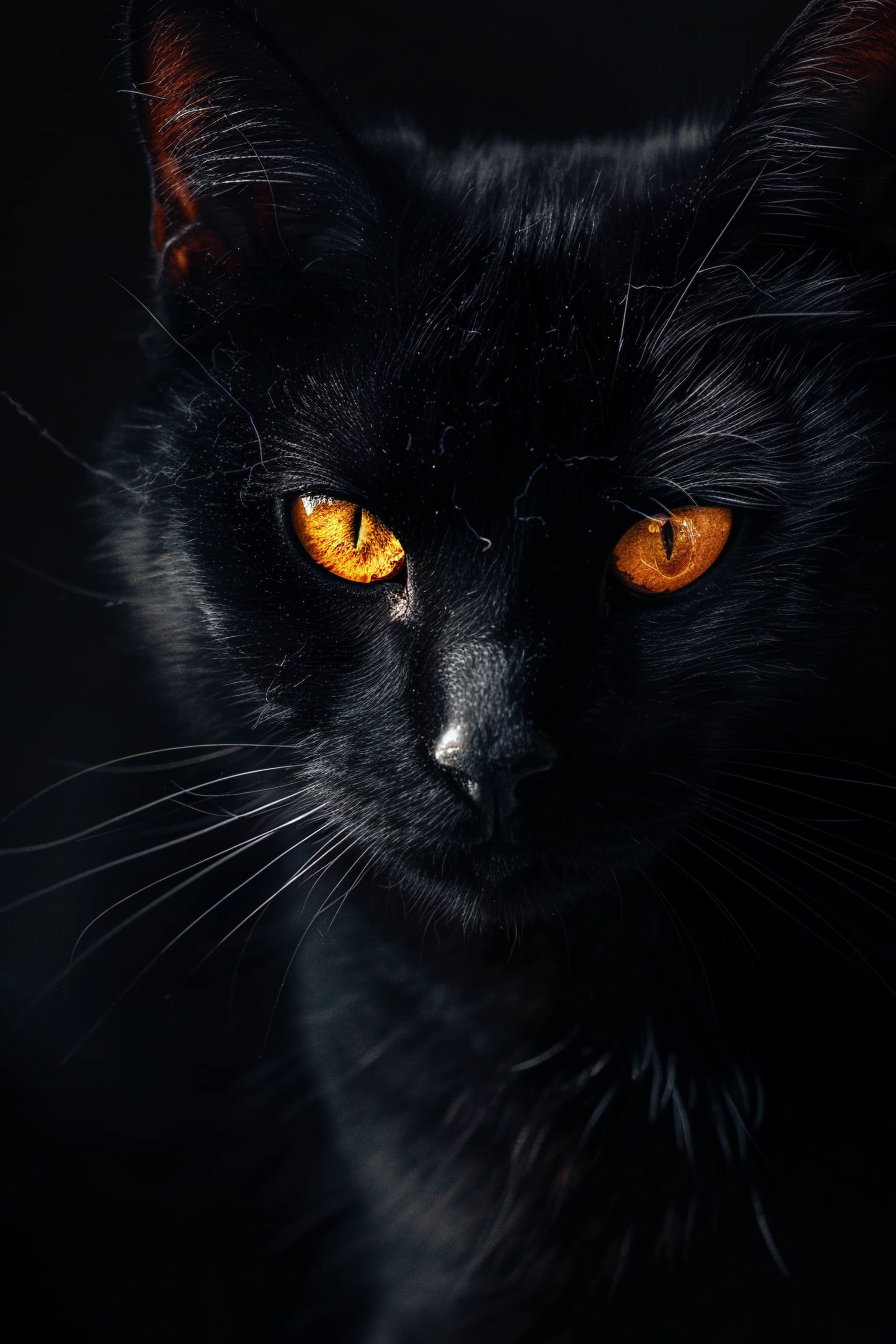 Minimalist black cat with glowing eyes in dark setting