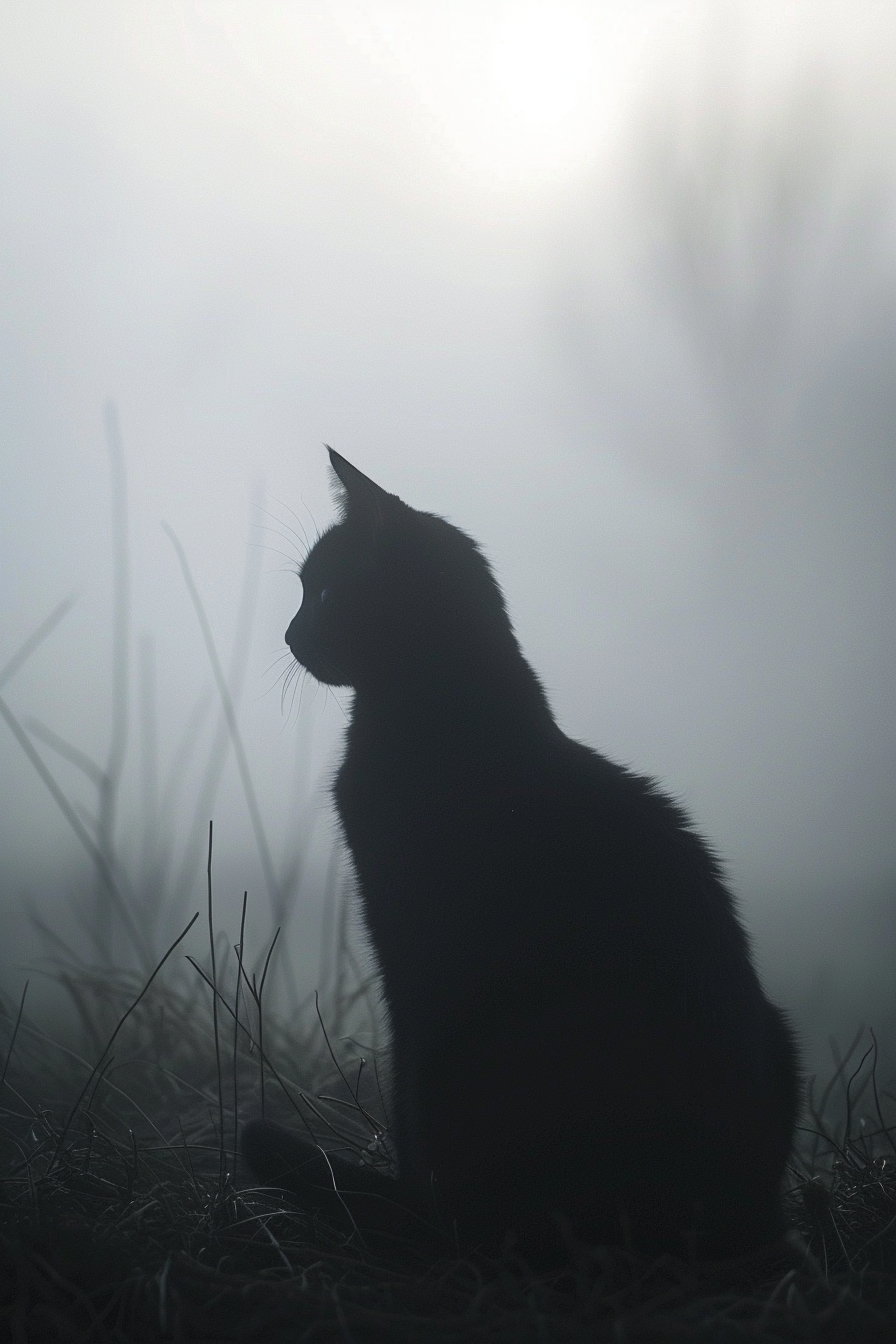 Black cat silhouette in fog with soft shadows