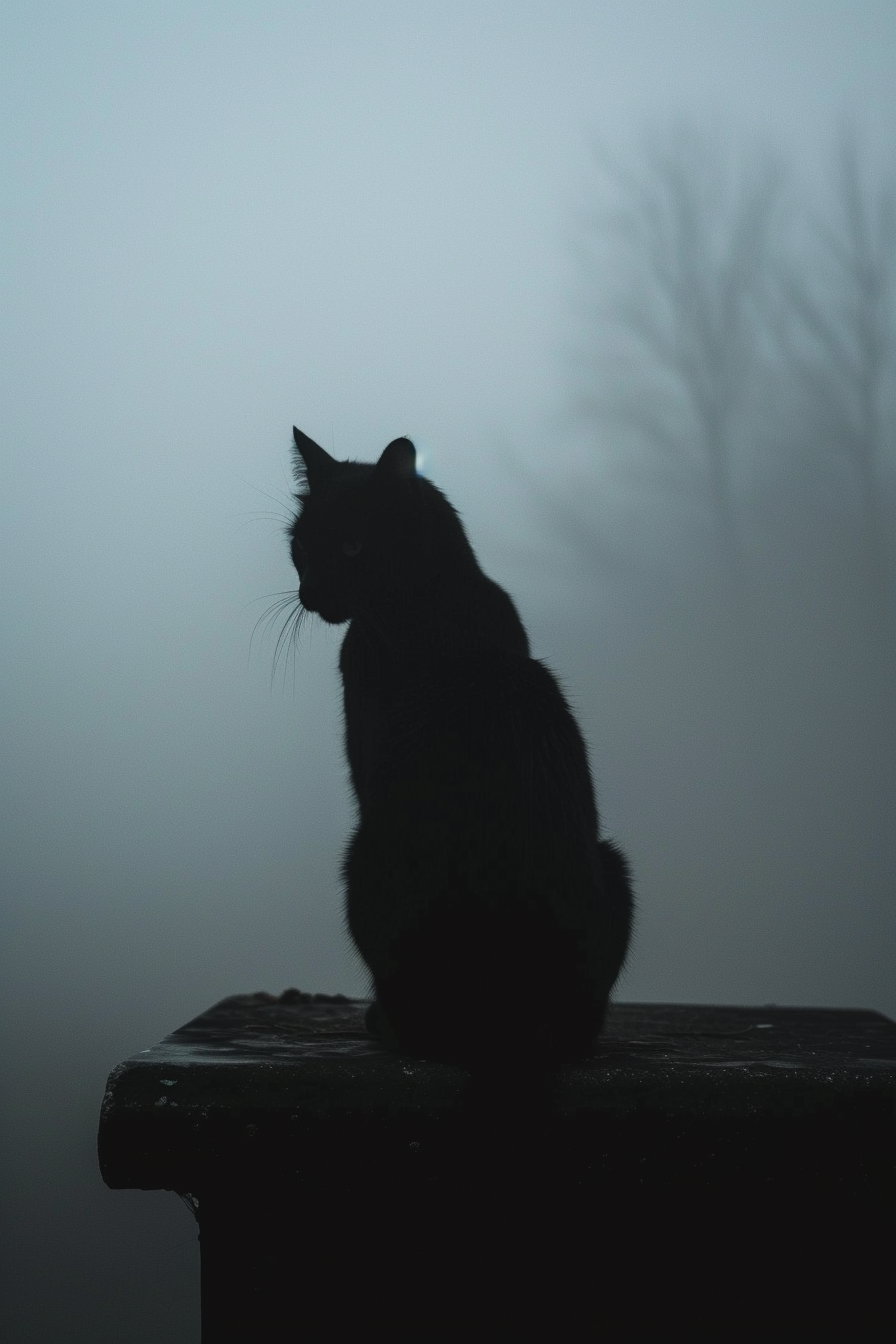 Black cat silhouette in fog with soft shadows