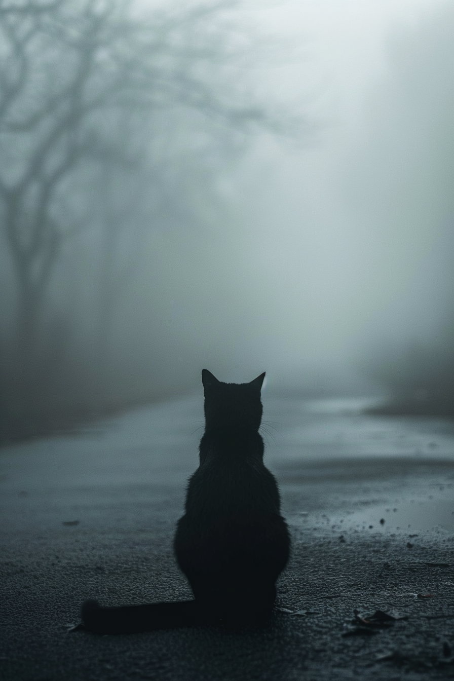 Black cat silhouette in fog with soft shadows
