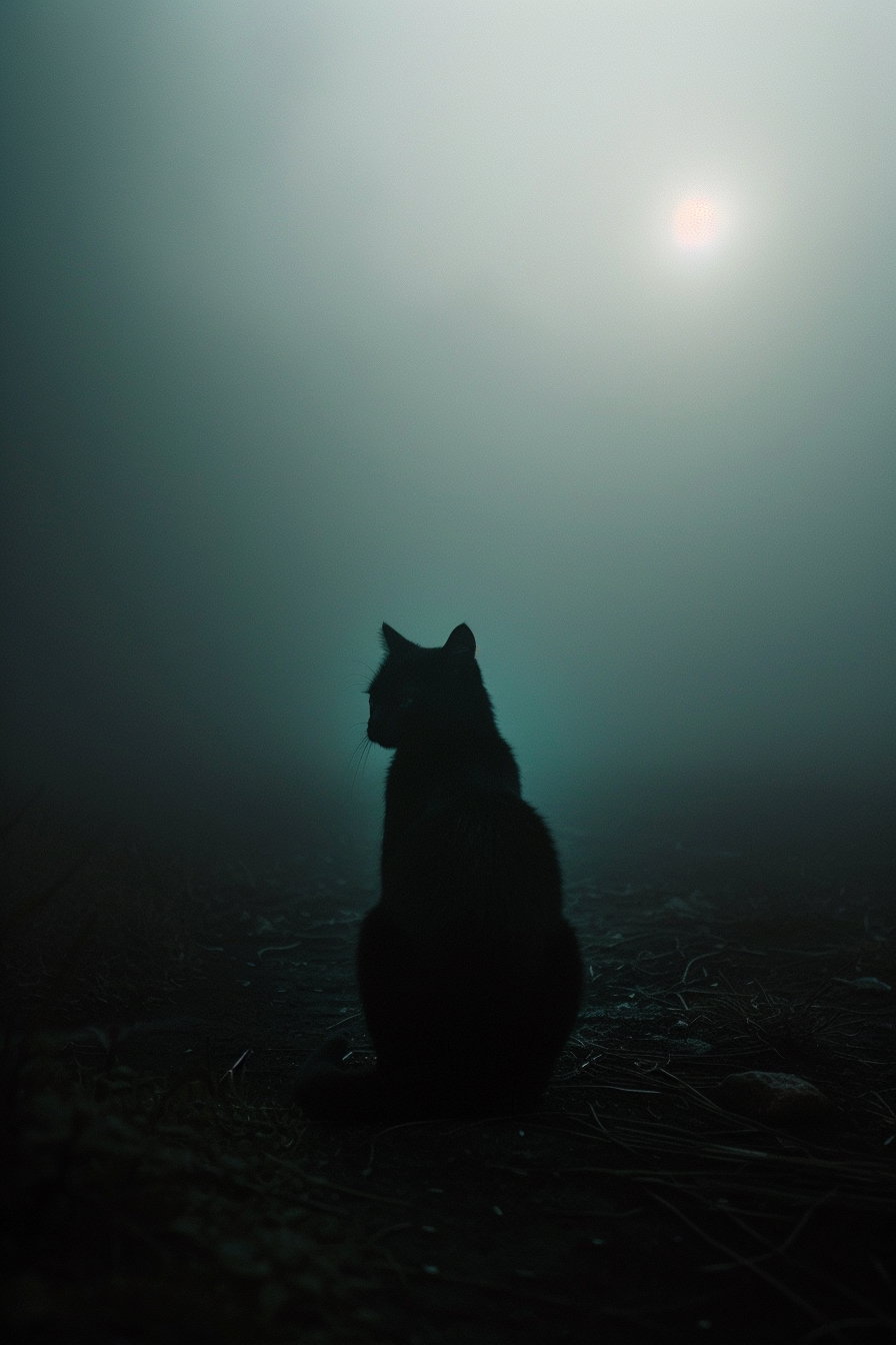 Black cat silhouette in fog with soft shadows