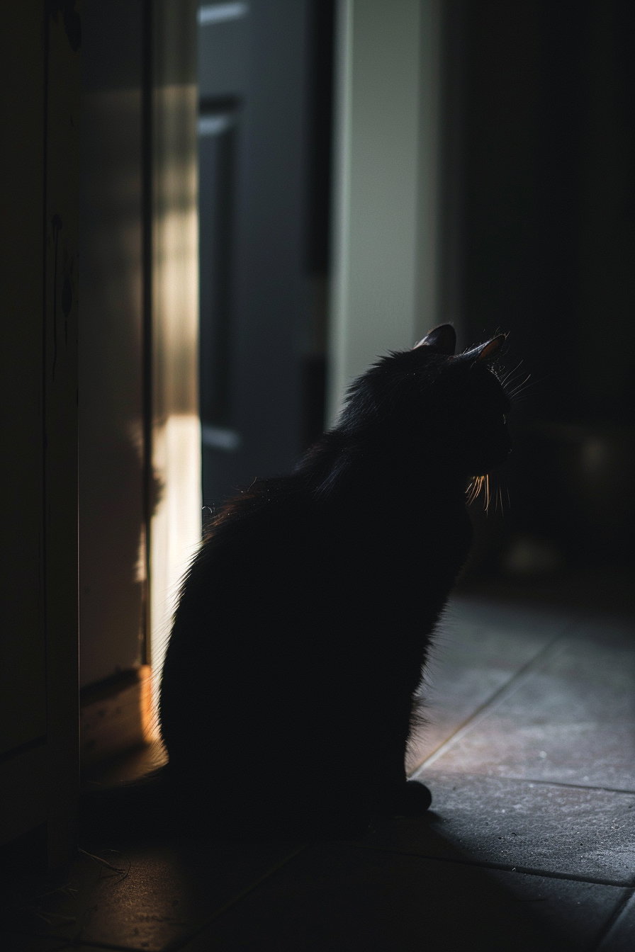 Black cat under dim light in dark room