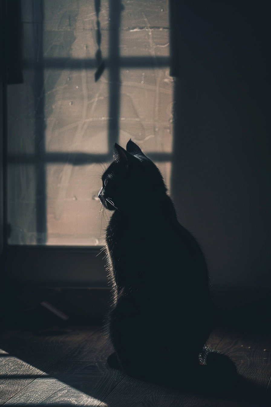 Black cat under dim light in dark room