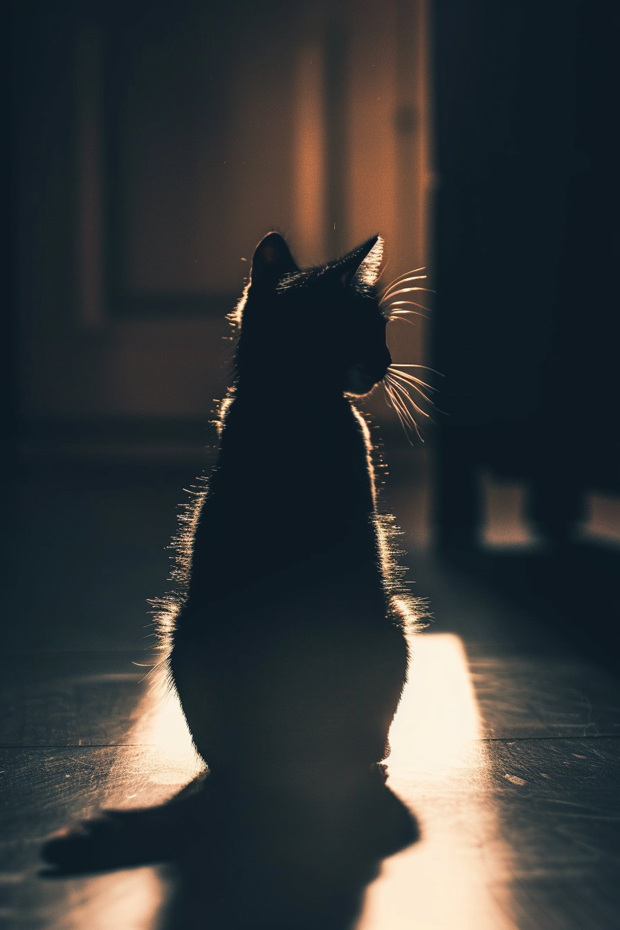 Black cat resting in dimly lit dark room
