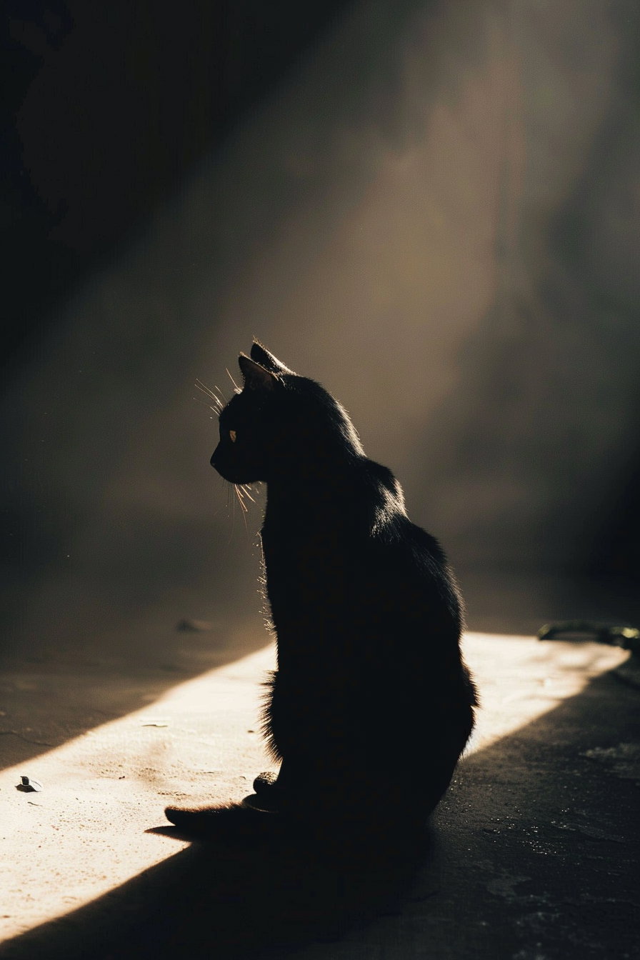 Black cat in dark space with soft light beam