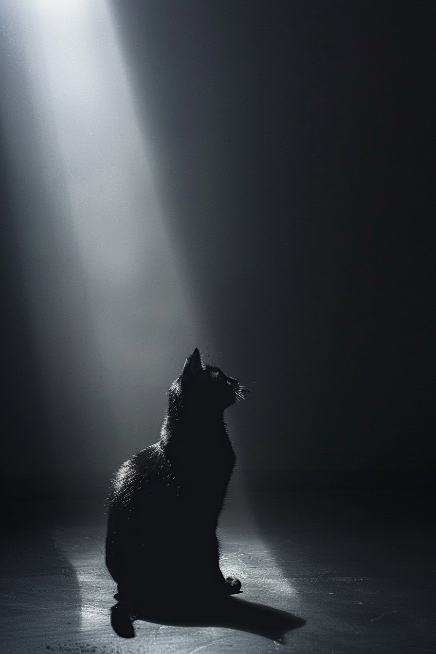 Black cat in dark space with soft light beam