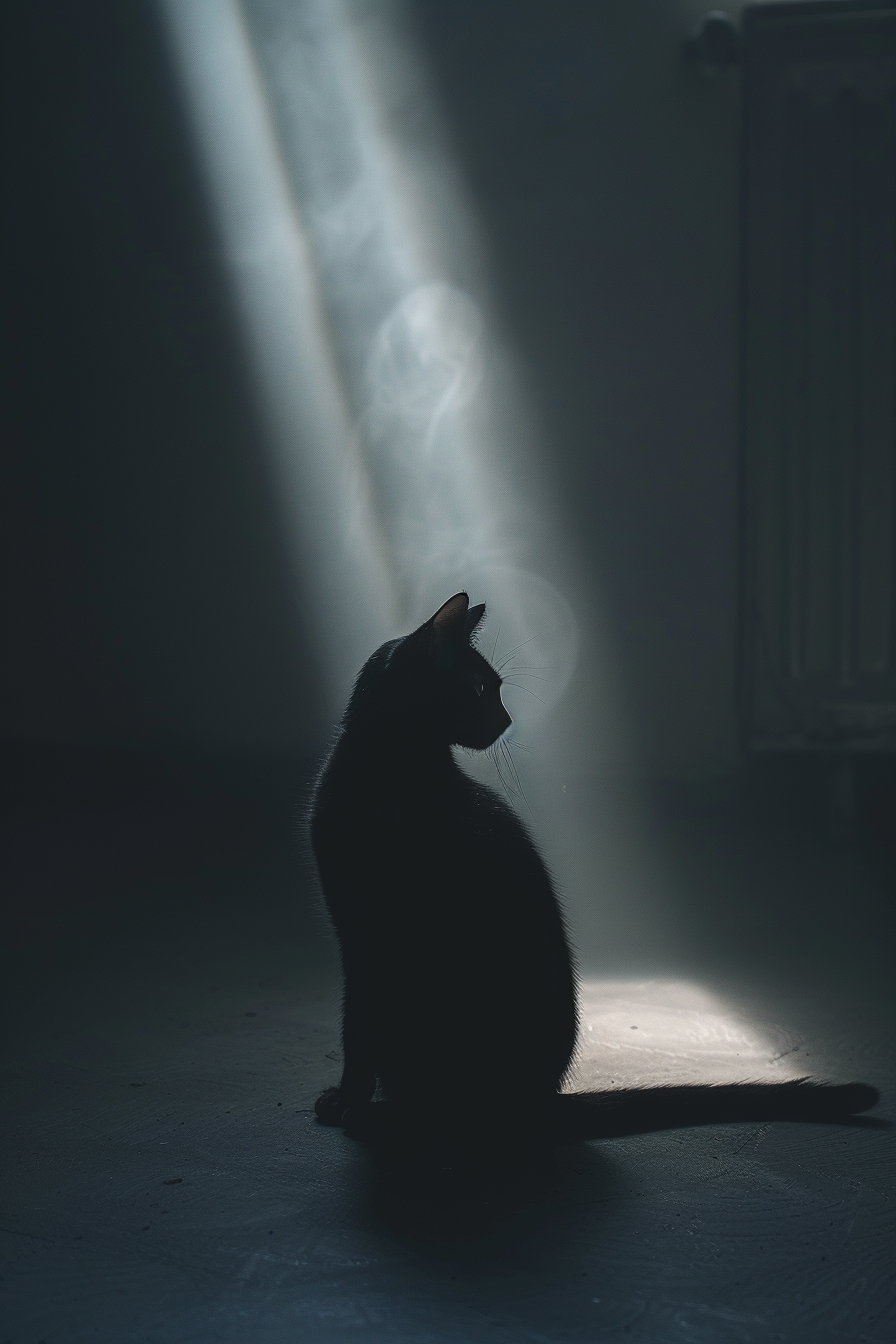 Black cat in dark space illuminated by soft light