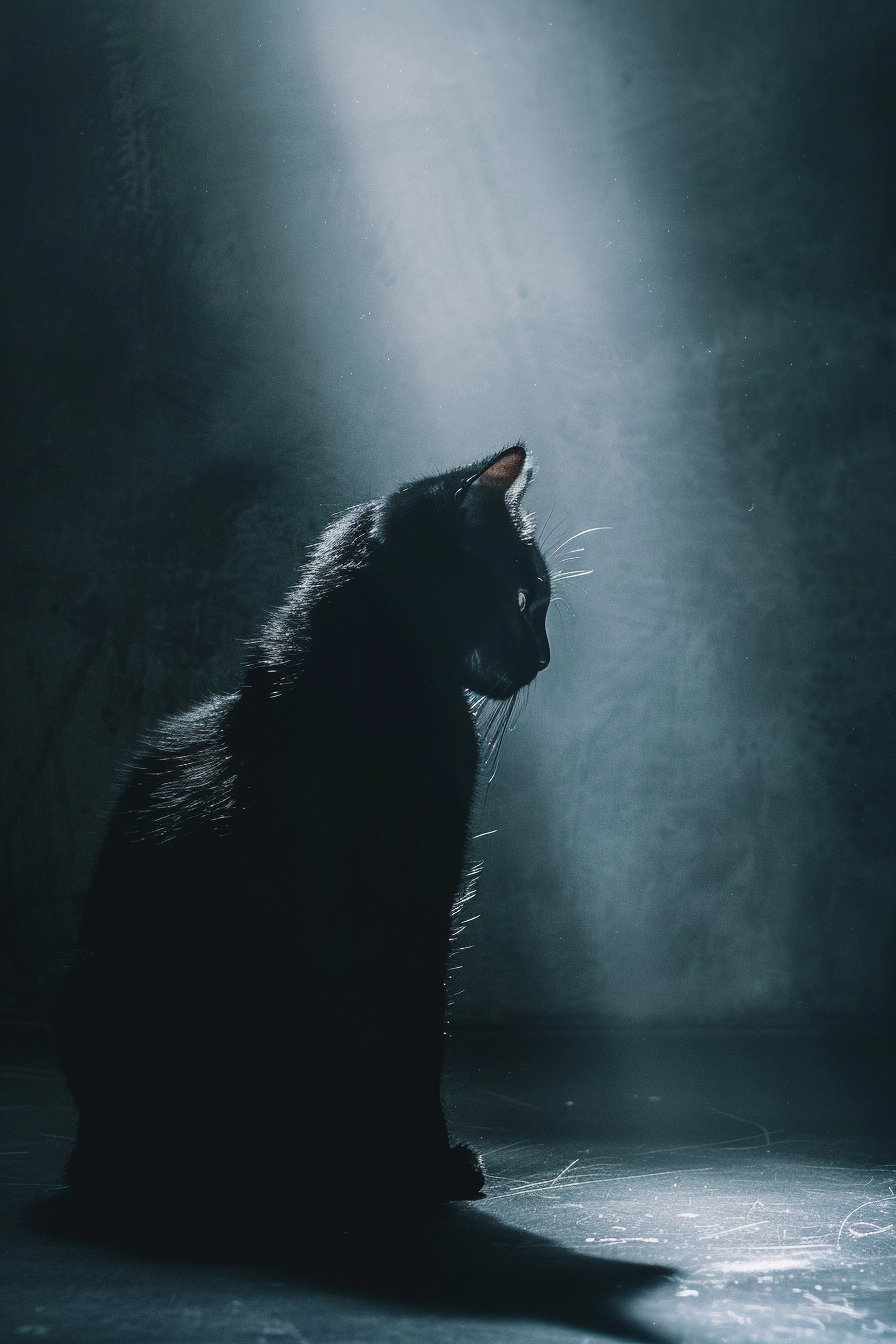 Black cat in dark space illuminated by soft light