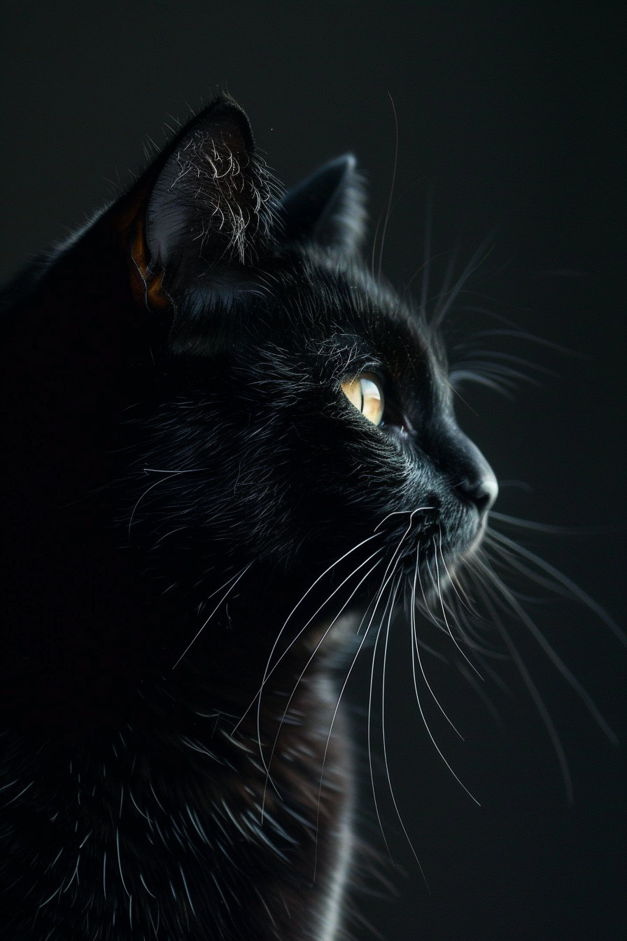Black cat with light reflection on dark minimalist background