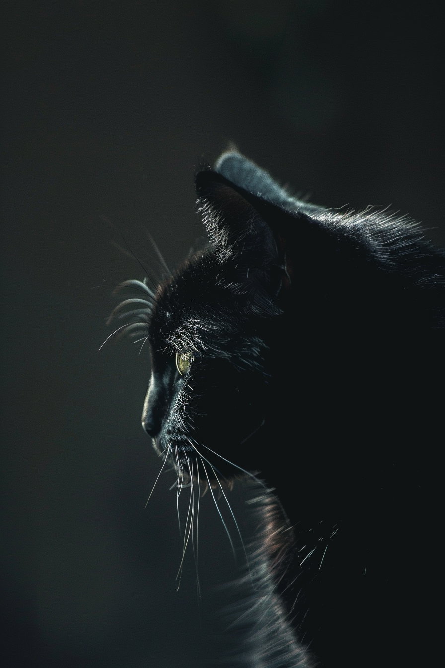 Black cat with light reflection on dark background