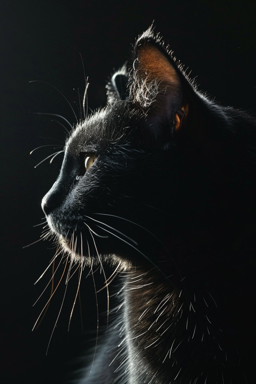 Black cat with light reflection on dark minimalist background