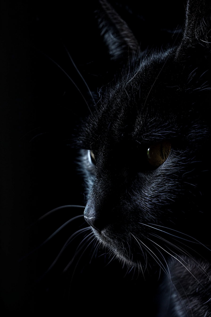 Black cat with light reflection on dark background