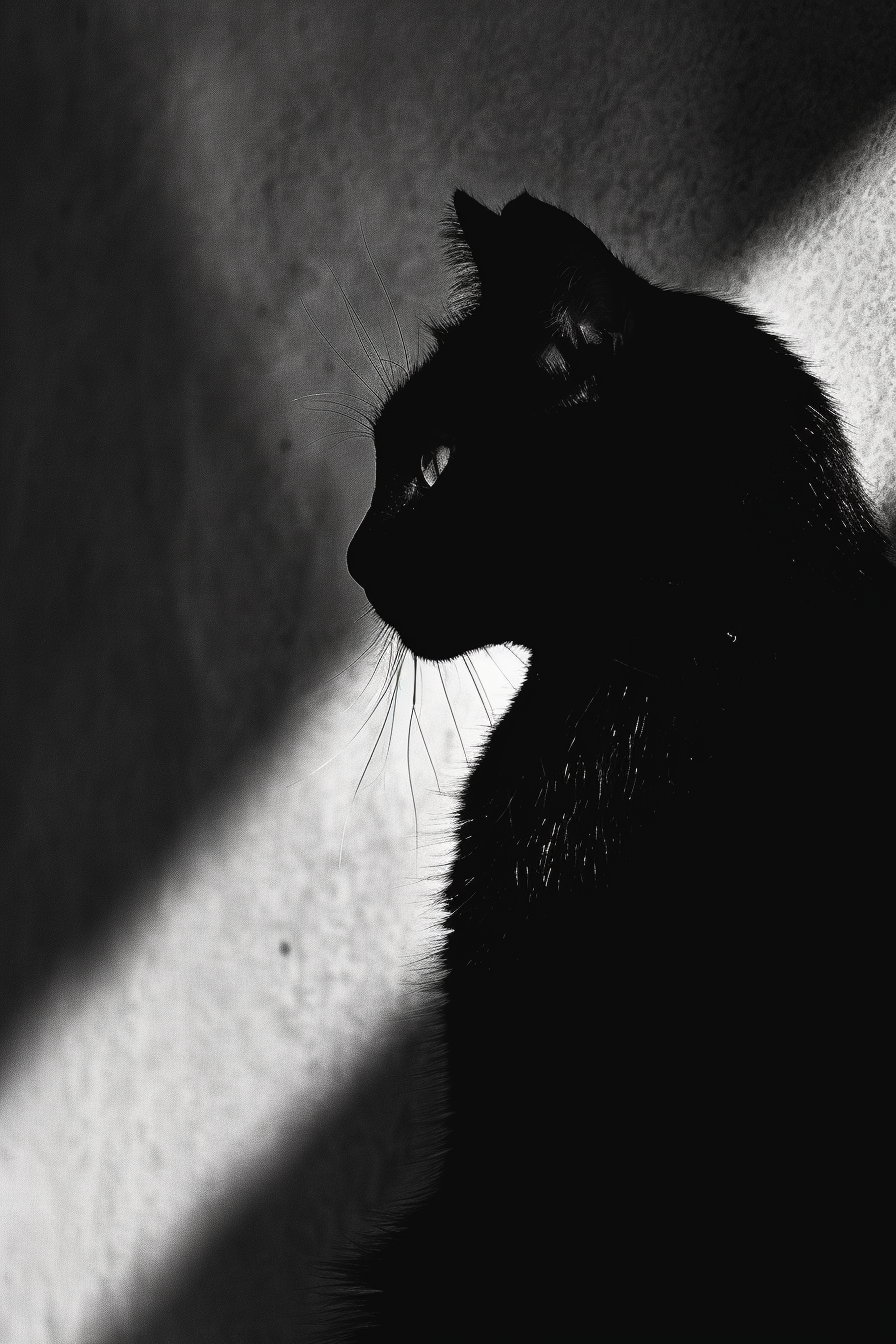 Minimalist black cat silhouette in shadow with high contrast