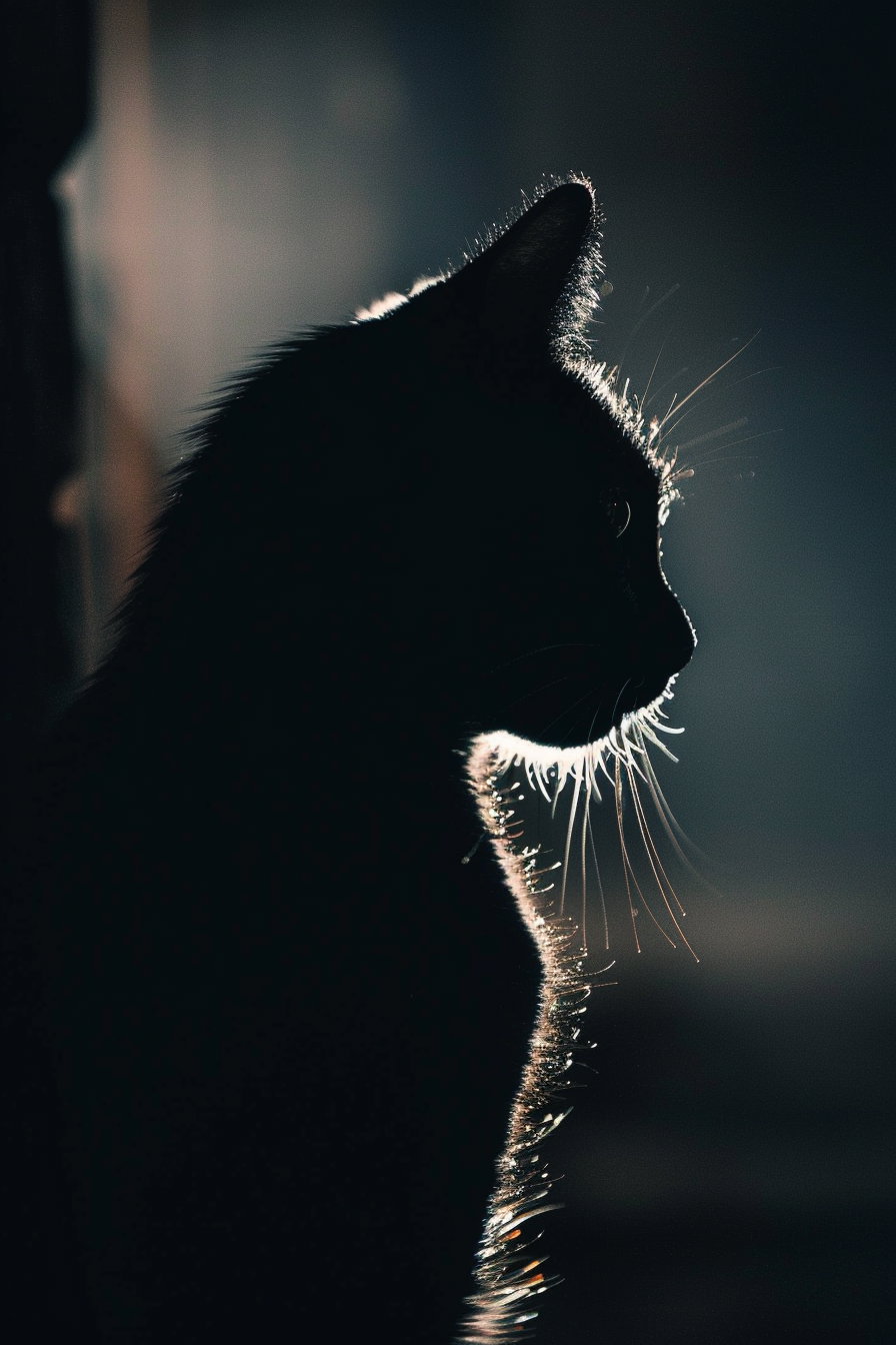 Minimalist black cat silhouette in shadow, high contrast aesthetic