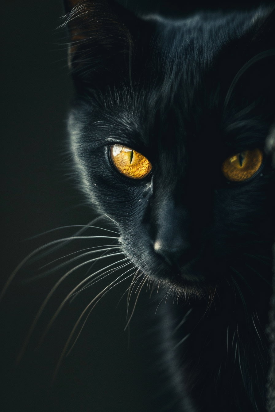 Glowing black cat eyes in dark, mysterious calm scene