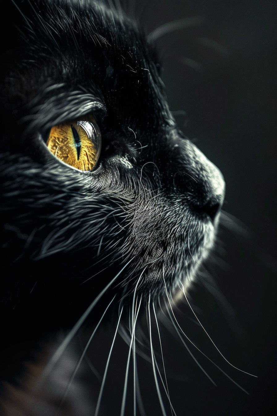 Glowing black cat eyes in dark, minimalistic scene