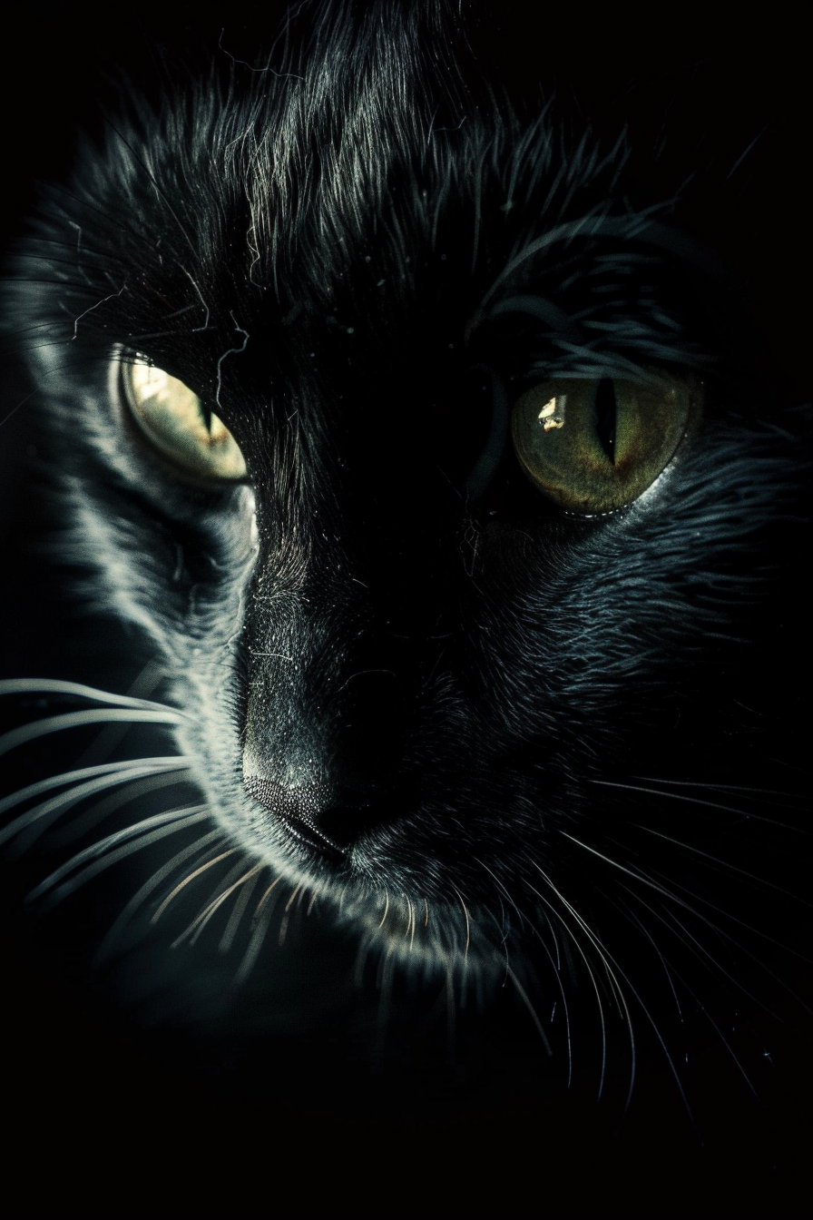 Glowing black cat eyes in dark, mysterious calm scene