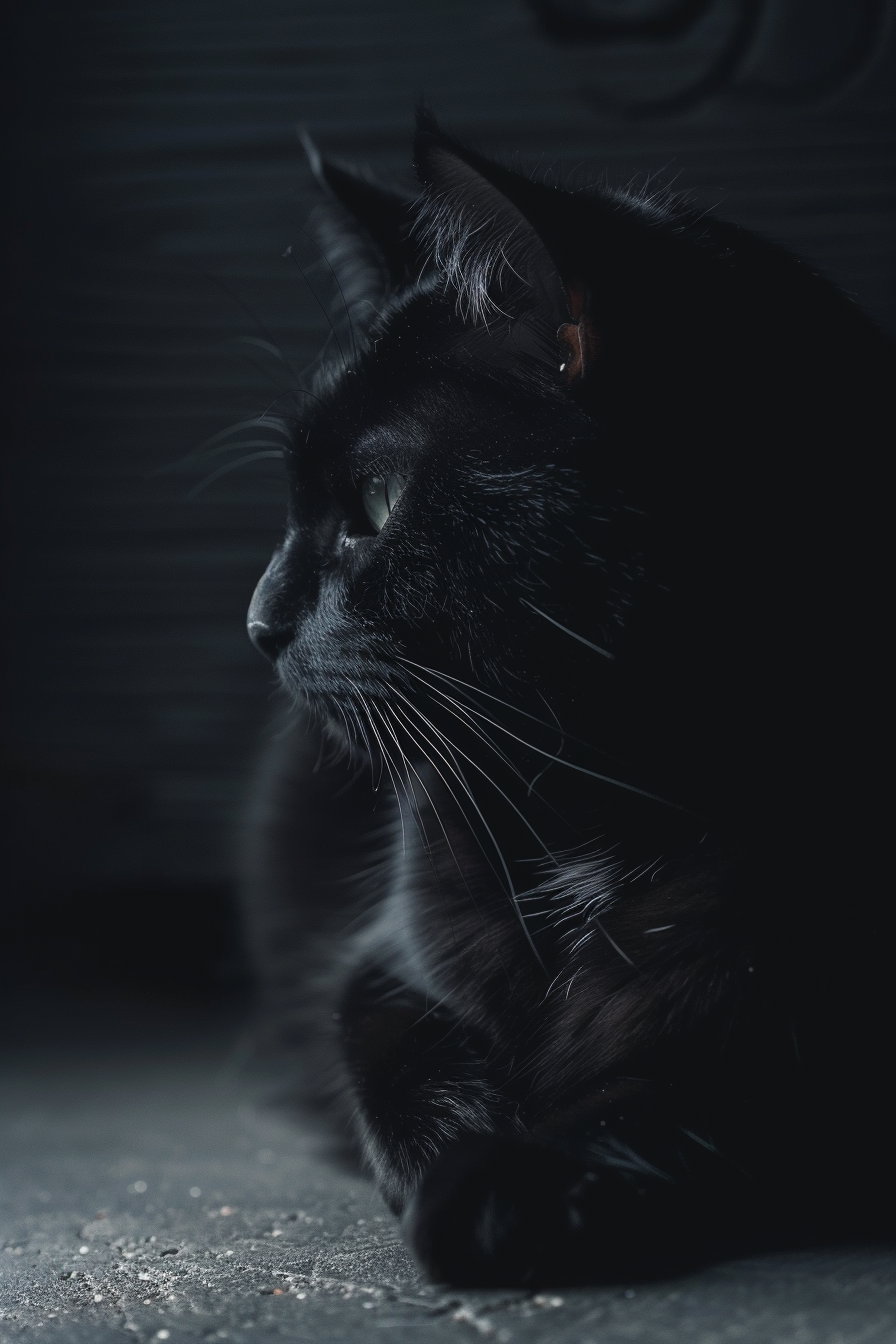 Black cat in dark room with single light source