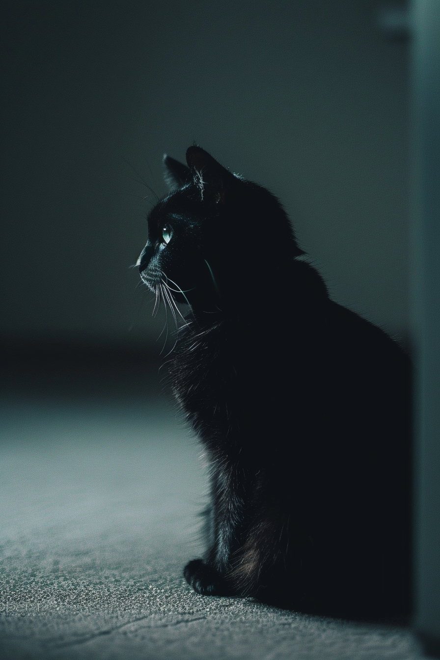 Black cat in dark room with single light source