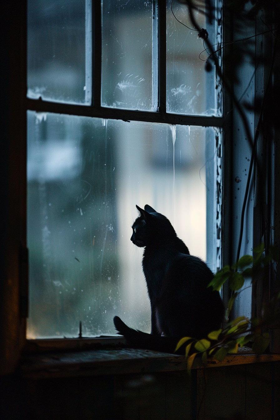 Black cat on windowsill bathed in moonlight shadows