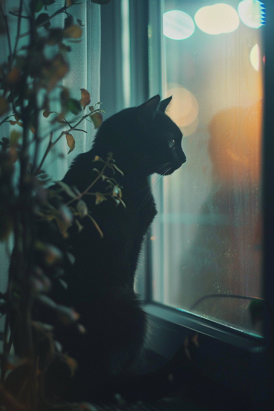 Black cat on windowsill bathed in moonlight shadows