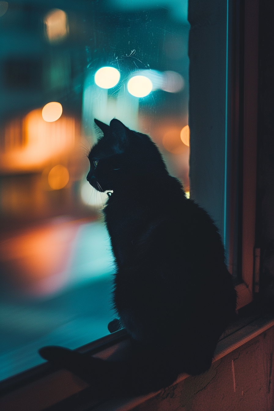 Black cat on windowsill bathed in moonlight shadows