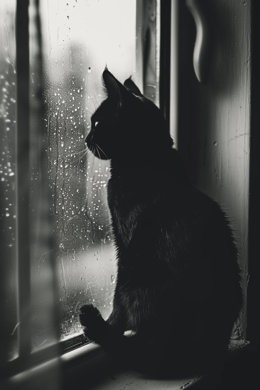 Black cat on windowsill bathed in moonlight shadows
