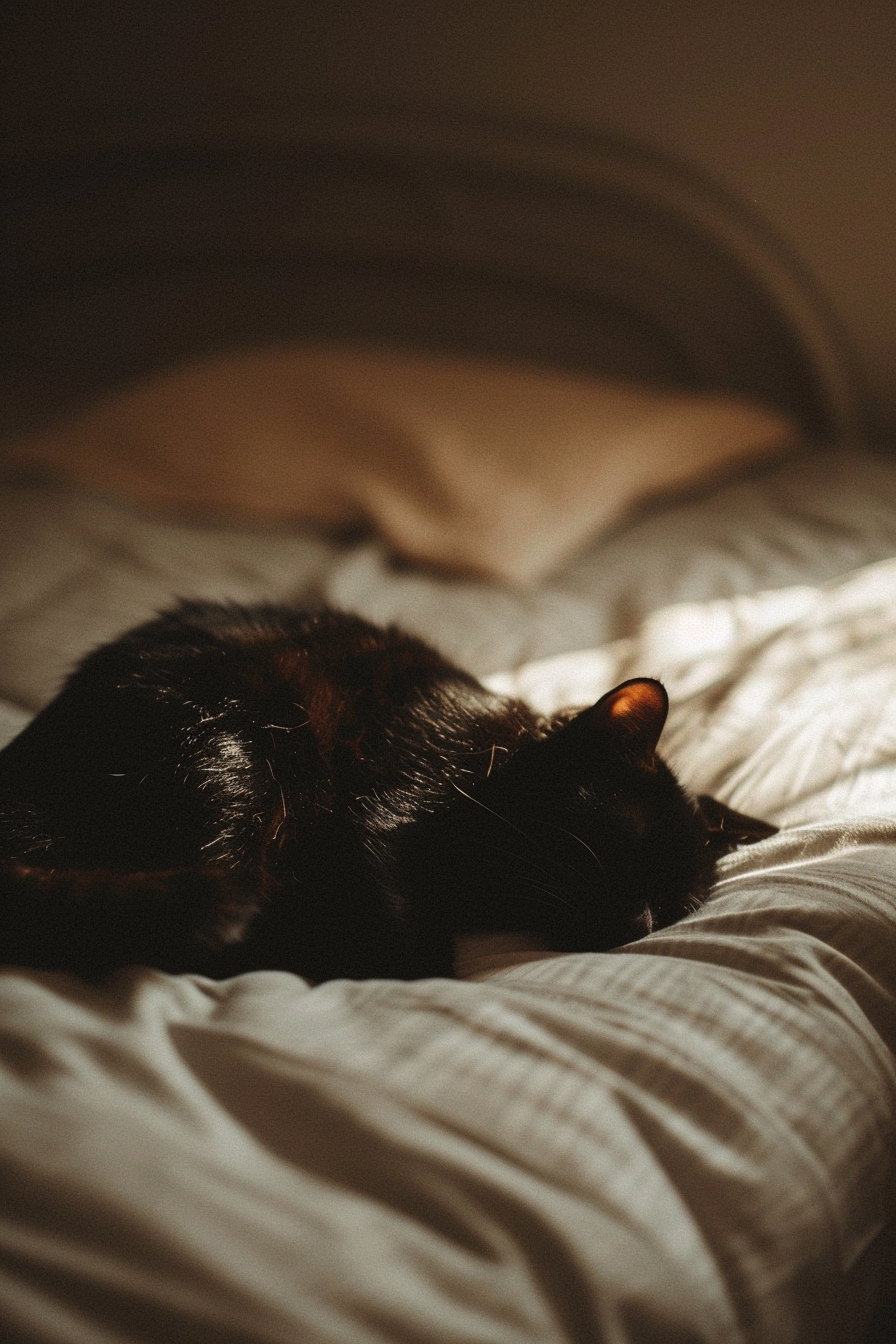 Black cat curled on bed in warm dim light