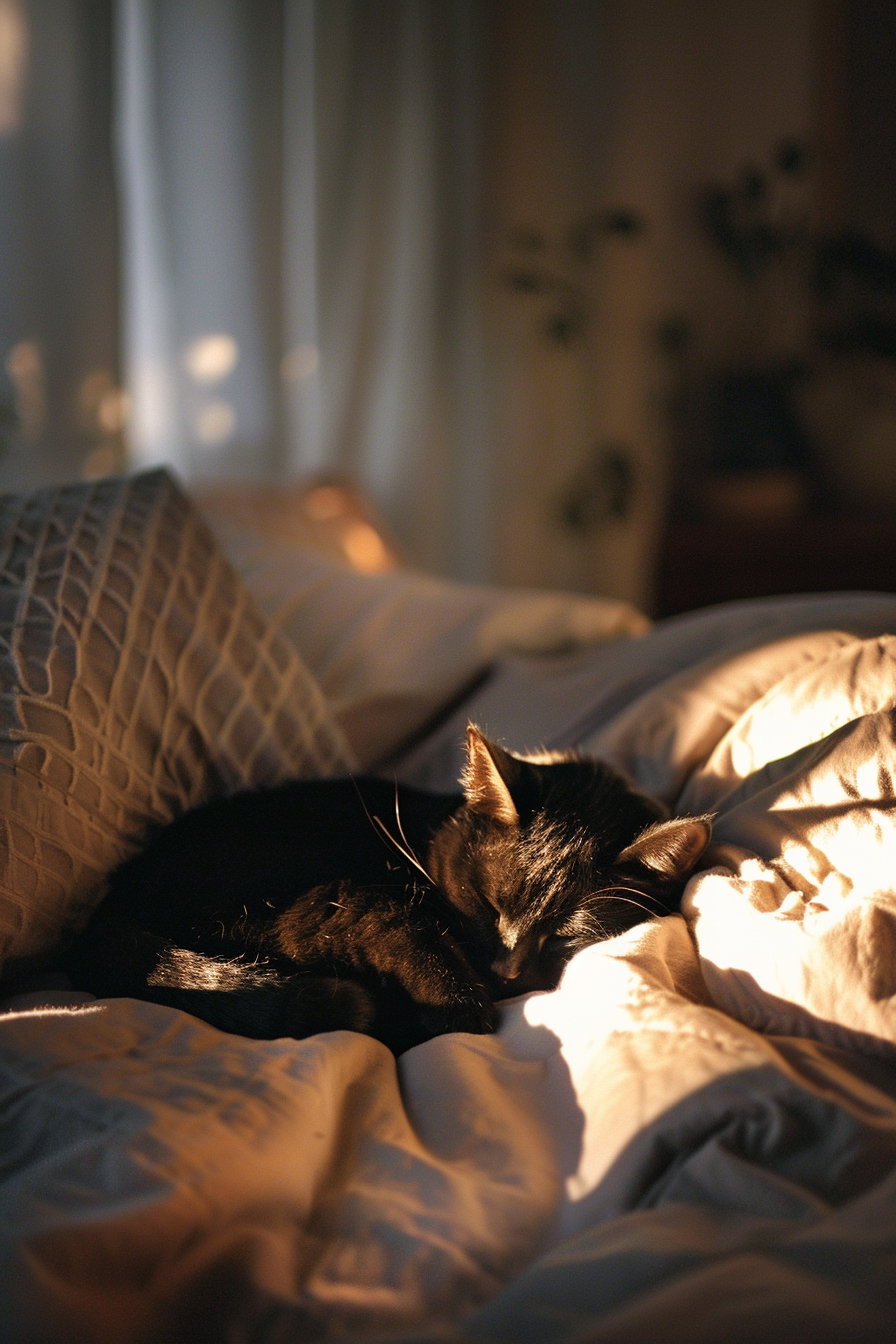 Black cat curled up on cozy bed in warm dim light