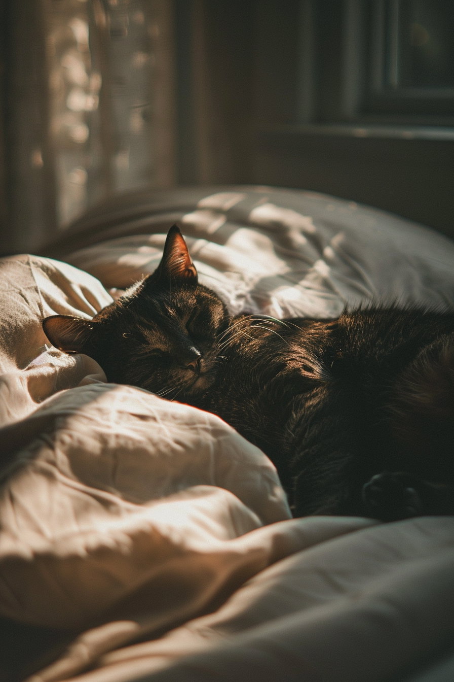 Black cat curled up on bed in warm dim light